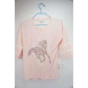New With Tags Mudd Girls 14 Pink‎ Long Sleeved Crochet Horse Graphic T Shirt
